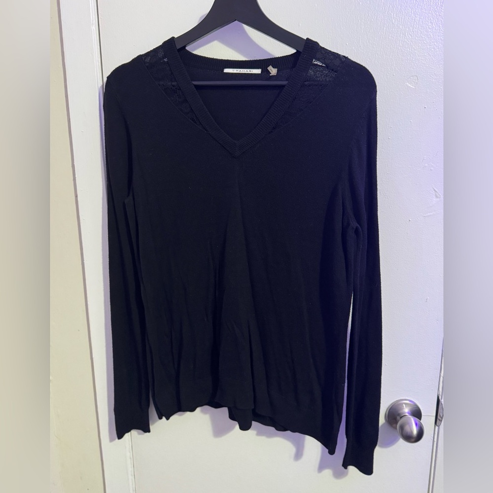 T Tahari Black Lace V-Neck Sweater